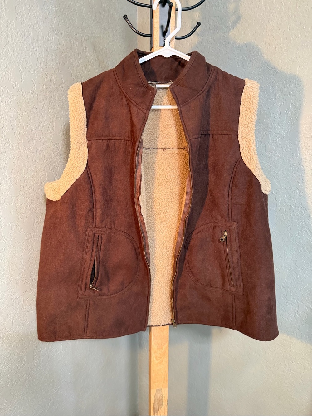 Tantrums Brown Faux Suede Vest with Cream Sherpa Trim